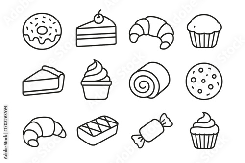 Pastry and desserts icon set. Bakery, cafe, sweet food concept. Outline linear collection for web and apps. Donut, cake, cupcake, croissant vector symbols. Editable stroke.