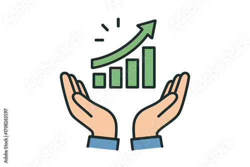 Growth graph rising above open hands symbolizing business success, financial increase, profit growth, investment support, upward trend, and economic development vector illustration