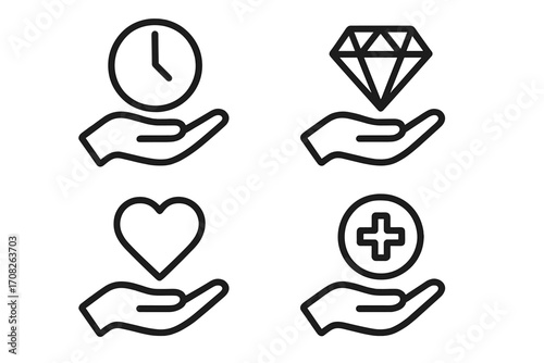Line icon set of hands holding symbols for charity, value, and health. Concepts of giving, support, donation, time, love, and benefits for web and graphic design.