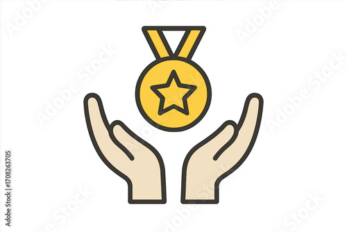 Star medal icon with hands holding award symbol, achievement and success concept, outline linear vector graphic for design, apps, adverts, cards, celebration and recognition