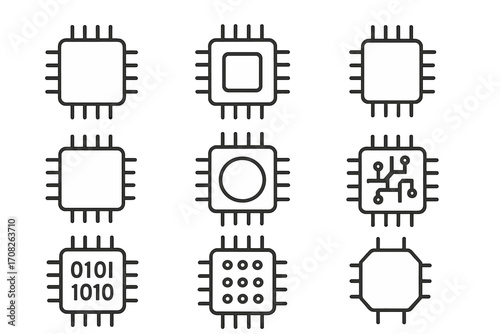 Microchip line icon set. CPU, processor, computer hardware symbol collection. Integrated circuit, semiconductor technology. AI chip, binary code pictogram. Editable stroke vector.