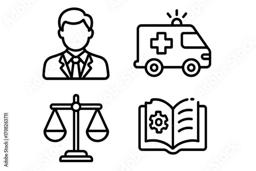 Professional services line icon set. Vector symbols for business, law, and medicine. Outline pictograms of a lawyer, ambulance, justice scales, and technical user manual.