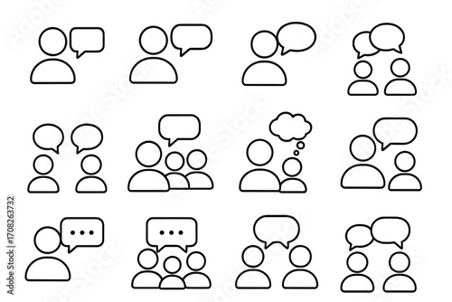 People talk icon set. Line communication symbols. Speech bubble, chat, dialogue, discussion. Group meeting. Teamwork concept. Social network avatar. Think bubble. Vector outline.