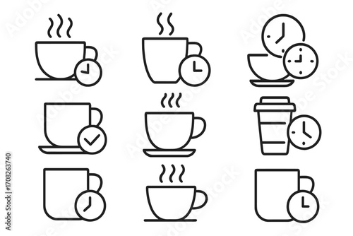 Coffee break line icon set. Tea time, cafe, and morning beverage concept. Hot drink cup, clock, and timer outline pictograms for web design, apps, and infographics. Vector.