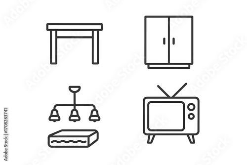 Collection of furniture and home appliances outline icons with table, closet, chandelier, TV set, mattress, editable stroke, perfect for infographics, articles, books, flyers, banners
