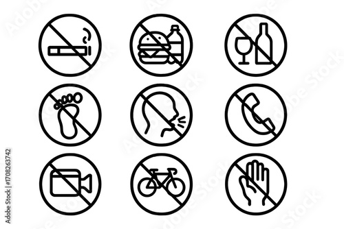 Set of prohibition signs. Forbidden icon collection. No smoking, no food and drink, no alcohol, no phone. Vector line icons for public places, web, apps. Restriction symbol pack.