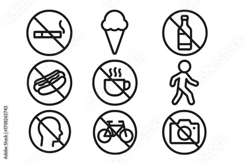 Set of prohibition signs. Forbidden icon collection. No smoking, food, drinks, alcohol, camera, bicycle. Not allowed symbol set for public places. Vector line art illustration.