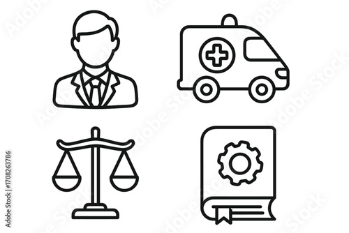 Lawyer, ambulance, scales of justice, manual book line icons set. Business, legal services, emergency medical care, and regulation concept symbols. Vector outline illustration.