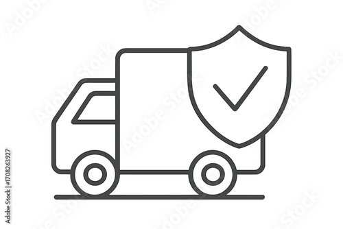 Secure delivery truck line icon with shield checkmark symbol, thin line vector illustration for logistics protection, safe shipping concept, transparent background