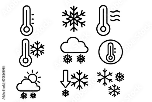 Thermometer and Snowflake Line Icons Set, Weather Symbols, Cold Climate, Temperature Measurement, Snowfall, Freezing Weather, Winter Forecast, Vector Outline Design for Apps, Web, and Graphic Projects