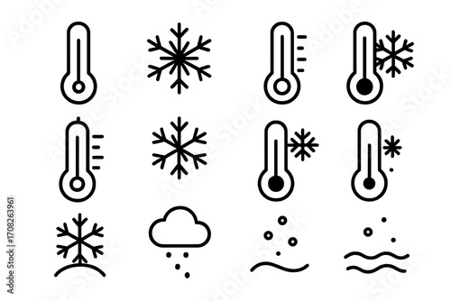 Set of thermometer and snowflake line icons, cold weather symbols, freezing temperature indicators, frost and snow elements, winter climate vector signs for graphic design, web apps, adverts, cards