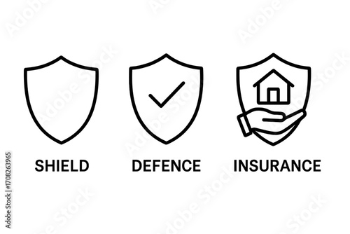Shield and Protection Icons Set, Defence Checkmark and Home Insurance Concept, Minimal Outline Linear Pictograms for Web Design, Apps, Social Media, Banners, Graphic Projects, Vector