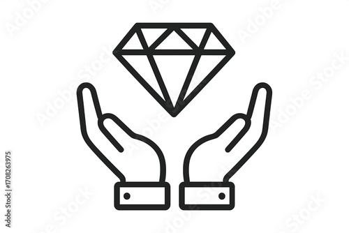 Open hands holding shining diamond icon, valuable gem symbol, luxury concept, precious stone, care and protection, elegant jewelry vector illustration, transparent background