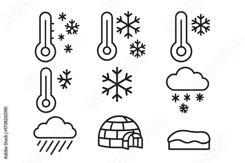 Set of thermometer and snow icons line art. Cold weather symbols with snowflakes, igloo, rain cloud, frost, and winter climate signs for graphic, web, app design, and digital use