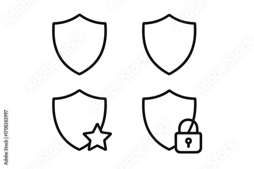 Shield defense and insurance outline icons collection. Minimalistic linear pictograms for web security, protection, privacy, safety, apps, banners, social networks and graphic design, vector set.
