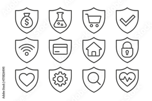 Money bag, laboratory flask, shopping cart and more shield icons set with thin editable stroke lines, perfect for web design, apps, cards, and book illustrations, transparent vector cartoon