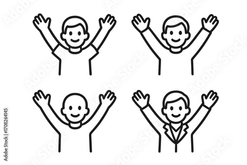 Vector cartoon illustration set of happy users with arms raised, smiling people icons for websites, apps, books, cards, transparent background, diverse styles, friendly gestures