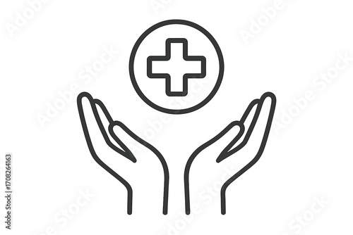 Medical plus sign in open hands outline icon. Health care, insurance, and charity concept. Medicine, support, and protection symbol for graphic design, apps, and web. Vector.