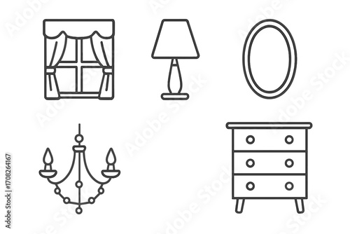 Window with curtains, table lamp, oval mirror, dresser with drawers, chandelier bundle of thin line icons, editable stroke vector illustration for websites, books, cards, apps decor elements