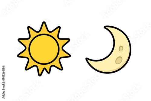 Bright sun and crescent moon isolated icons, simple cartoon vector illustration set, celestial symbols, day and night concept, weather and astronomy design, transparent background