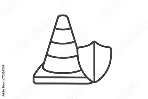 Traffic cone with shield icon for safety and protection. Under construction and road work concept. Caution, warning, and security symbol. Vector line art illustration.