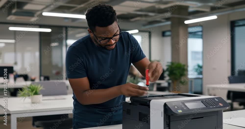Man repairing office printer in modern workspace Man repairing office printer in modern workspace