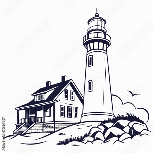 Detailed Lighthouse Scene with House and Rocks Illustration