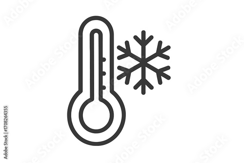 Thermometer with snowflake icon, minimalistic line design for web, apps, banners, social media, and cards, vector cartoon illustration with transparent background, cold weather symbol