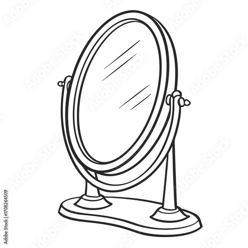 Oval tabletop mirror with stand, black and white line drawing