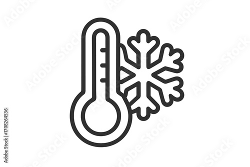 Thermometer and snowflake outline icon, cold weather symbol, winter temperature indicator, frost and chill vector graphic, minimalistic weather design, transparent background
