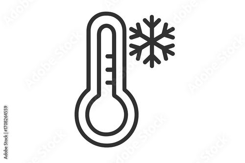 Thermometer with snowflake icon, cold temperature symbol, winter weather vector, cooling concept, outline line design for graphic, web, app, advert, card use