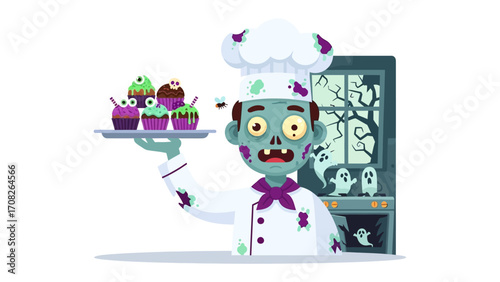 Spooky Chef's Delight: A whimsical illustration showcases a quirky chef zombie presenting a platter of creatively decorated cupcakes, blending the festive elements of Halloween with culinary art.