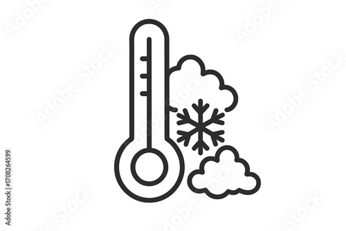 Thermometer with snowflake cold temperature icon, linear outline symbol of winter weather, freezing thermometer vector, frost climate indicator for graphic design, apps, winter adverts, seasonal cards