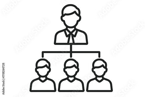 Organizational chart icon with manager and team members, business hierarchy structure, employee roles outline, company leadership and teamwork vector illustration, transparent background