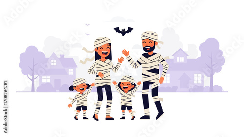 Spooky Mummy Family: A family, transformed into comical mummies, stands joyfully against the backdrop of a suburban neighborhood on a spooky night, celebrating the spirit of Halloween.