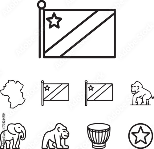 Hand-Drawn Democratic Republic of the Congo Flag and National Icon Pack with Map, Wildlife, Drum, and Heritage Motifs