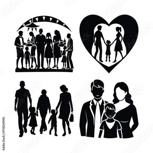 Silhouettes of Family silhouettes, Happy family silhouette set  children holding hands walking together black and white background