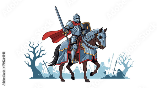 Medieval Knight in Armor: A valiant knight in shining armor, astride a majestic horse, stands ready for battle, his sword held high against a backdrop of ancient warriors and a foreboding landscape.