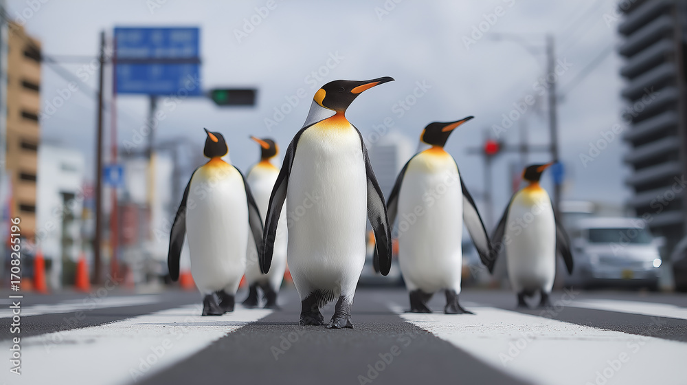 Fototapeta premium Penguins Crossing City Street / 都会の横断歩道を渡るペンギンたち