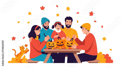 Autumnal Family Pumpkin Carving: A cheerful family embraces the festive spirit of Halloween, gathered around a rustic table to carve pumpkins.