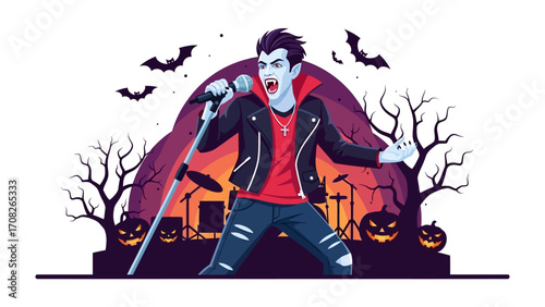Vampire Rock Star Performing on Halloween: A captivating illustration of a vampire rock star, bathed in the spooky ambiance of Halloween, giving a high energy performance.