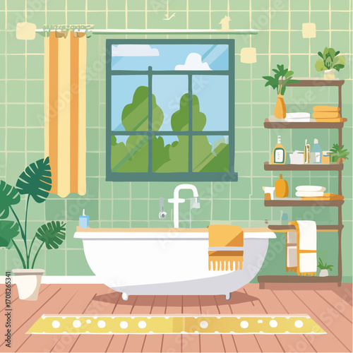 Vector illustration of bathroom interior with space organization.