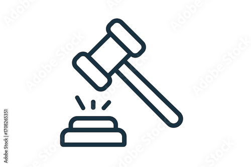 Modern referee gavel icon in outline style for design, apps, social networks, cards, legal symbols, auction, justice, law enforcement, transparent background vector illustration