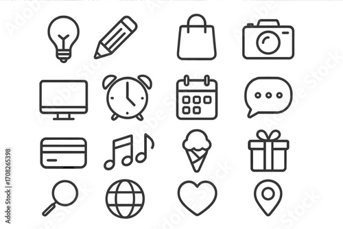 Modern outline style icons set featuring various items for design, apps, social networks, cards, and web with transparent background, including shopping, media, communication, and navigation concepts