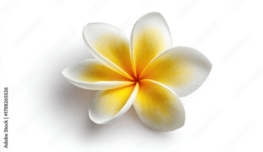 Fototapeta premium Close-up of a single plumeria flower, vivid yellow and white petals, perfect symmetry, isolated on white background