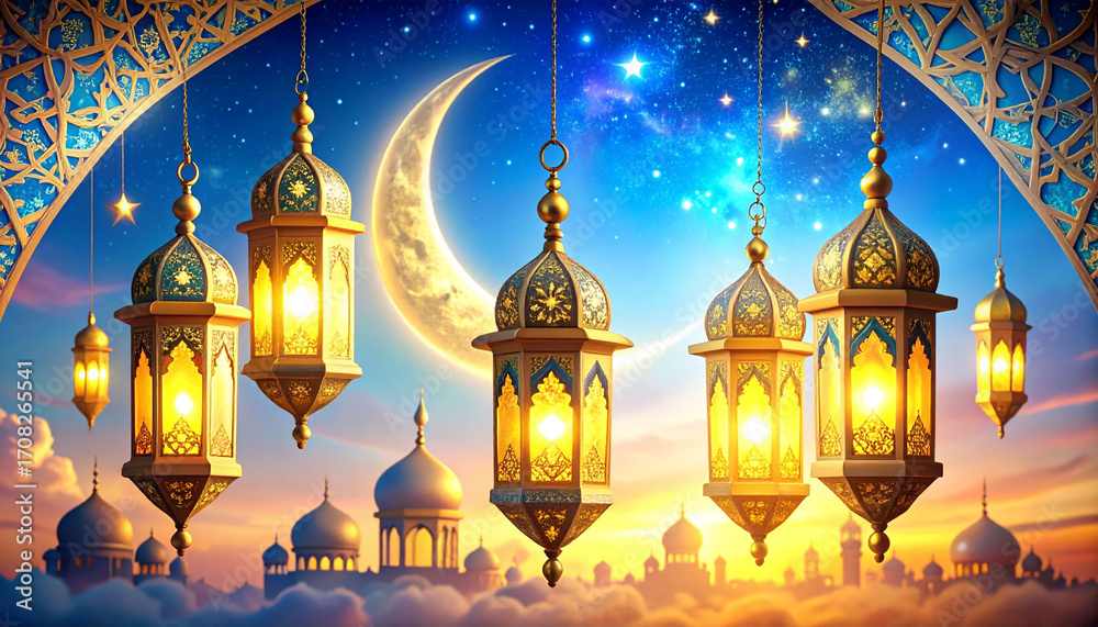 Obraz premium Ramadan Night Sky with Crescent Moon and Lanterns