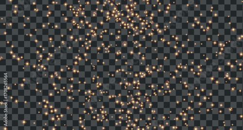 Festive background with gold glitter and fireflies. Border vector background with shining gold particles emphasizes elegance and contrast. Abstract stardust creates a sparkling decorative atmosphere.