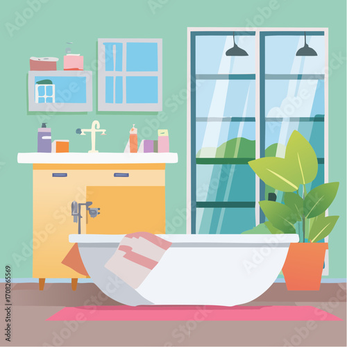 Vector illustration of bathroom interior with space organization.
