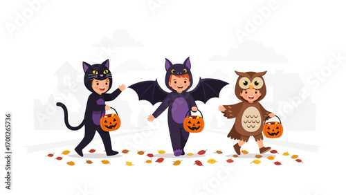 Trick or Treat Trio: Adorable children dressed in Halloween costumes, carrying treat baskets, walk along a festive street filled with fallen leaves.