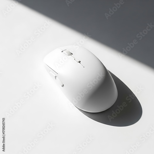 A single, modern, white wireless computer mouse sits elegantly on a bright white surface, illuminated by strong sunlight casting a subtle shadow.